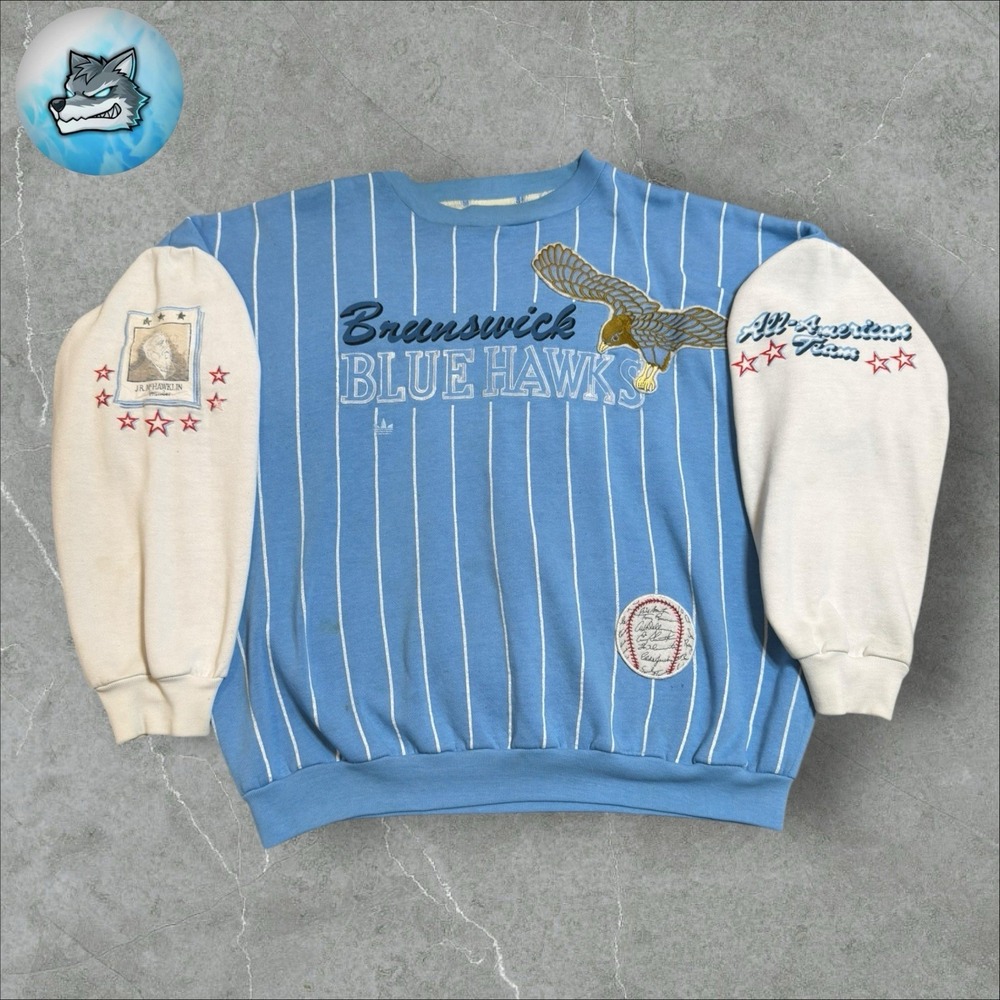 Vintage 80s Adidas Baseball Crewneck Sweatshirt Blue Mens Large Pullover